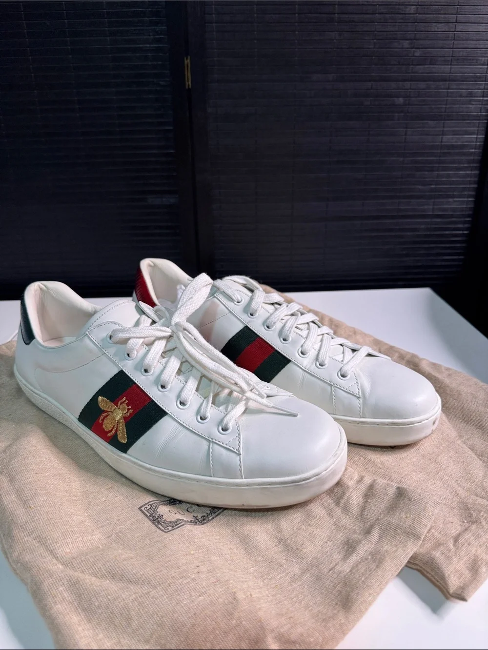 Gucci White Leather Sneakers with Red & Green Web and Gold Bee